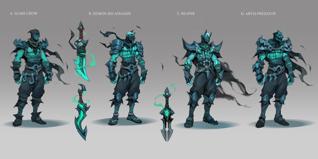 this is a character design concept art for a dark fantasy video game. there are four different character designs with names shown above them. these designs include a reaper, predator, assassin and a scarecrow. the characters are all blue and green in color and each character holds a green and blue sword. they are all wearing dark blue and grey clothing and armor, which makes their green eyes pop out.