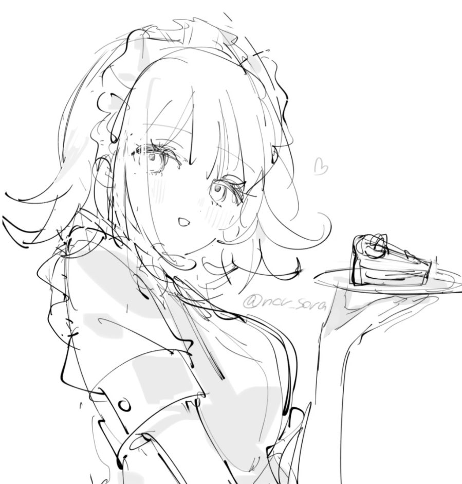 the image is a loose, expressive sketch of an animestyle girl dressed as a maid.  she has long, slightly messy hair, large eyes, and is wearing a simple maid outfit with a frilly collar. she is depicted holding a plate with a slice of cake. the style is casual and whimsical, with visible sketchy lines and shading that is less detailed than in more polished artwork.  the overall feel is cute and sweet.