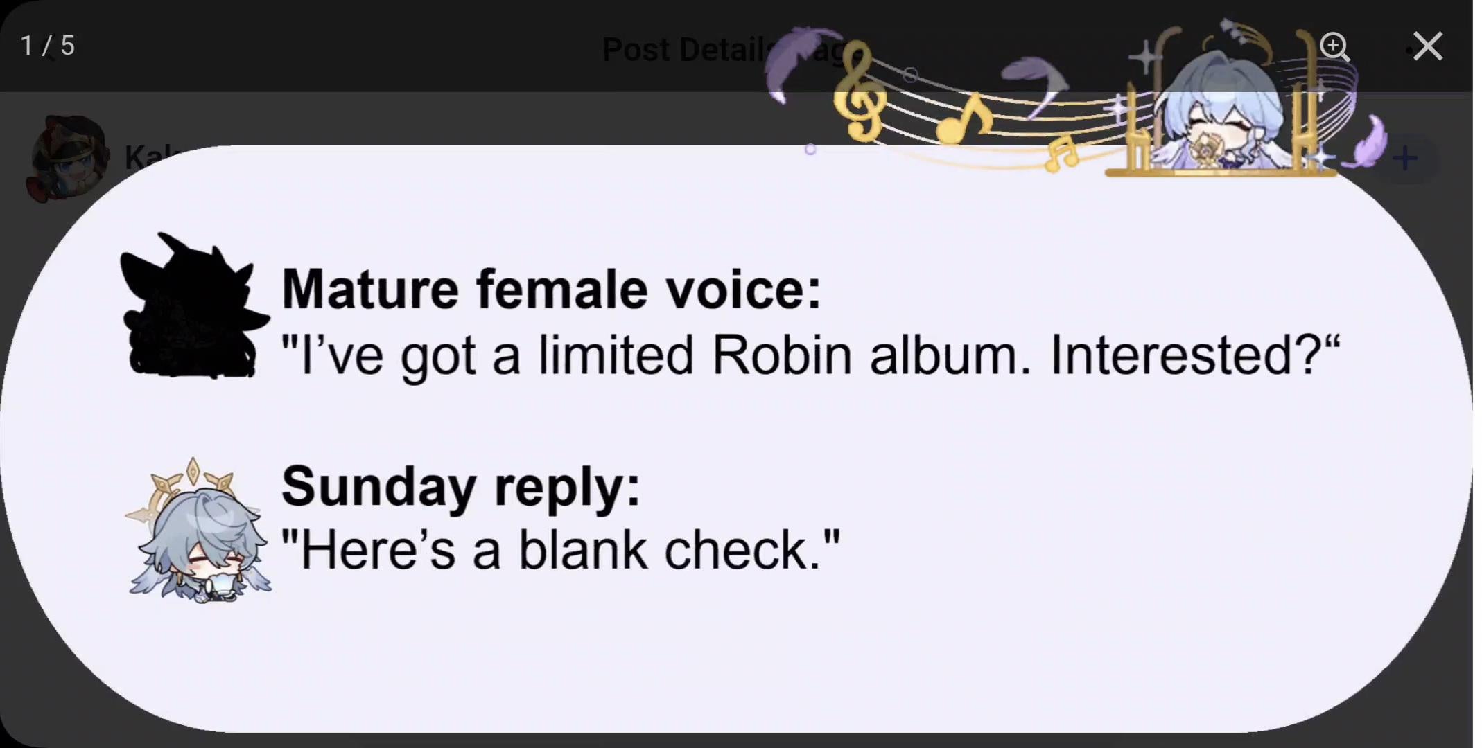 the image is a screenshot of a social media post or online conversation. it features a text exchange between two users. a mature female voice offers a limited edition robin album, and the "sunday reply" responds with "here's a blank check," implying significant wealth and willingness to pay a high price.  the text is presented within a rounded rectangle, decorated with cartoonish musical notes and images of animestyle characters, suggesting a playful or humorous context.