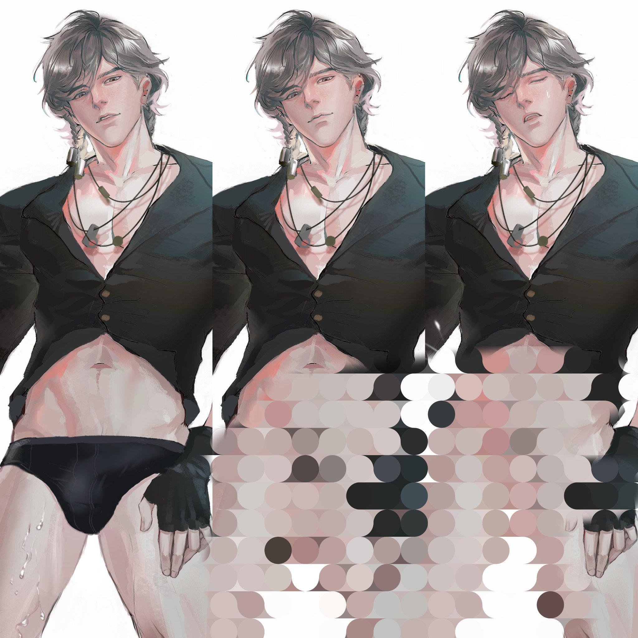 the image contains three panels of an anime character with silver hair and a black jacket, with censored underwear, with a sad, depressed expression.