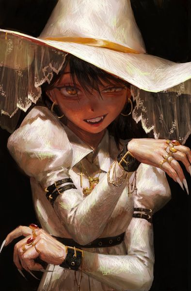 the image is a digital painting or illustration of a young woman dressed as a witch. she's wearing a widebrimmed white hat with lace detailing, a white dress with puffed sleeves, and numerous gold rings and bracelets.  her expression is a sly, slightly sinister smirk. her nails are long and pointed. the background is dark, enhancing the mysterious and gothic feel of the artwork. the style is reminiscent of anime or manga, with a painterly texture and dramatic lighting.  the overall impression is one of dark fantasy and subtle menace.