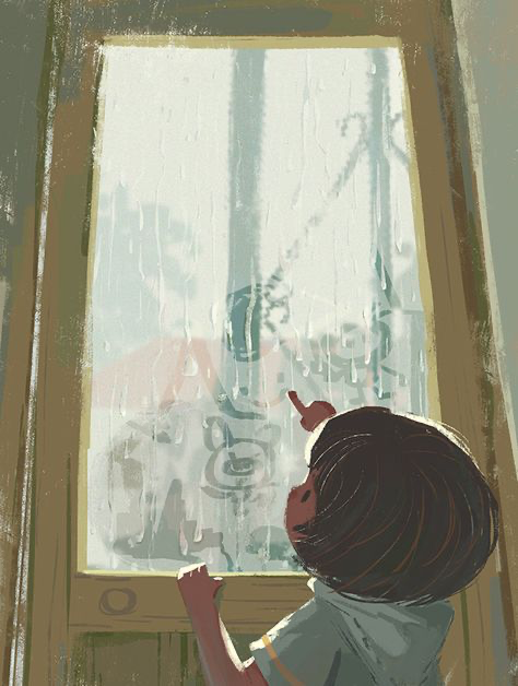 a child is looking through a window. it is raining outside and the window is wet. the child is pointing at something on the glass. the sun is shining through the clouds and the child is silhouetted against the light. the image is painted in a style that is similar to a watercolor painting.