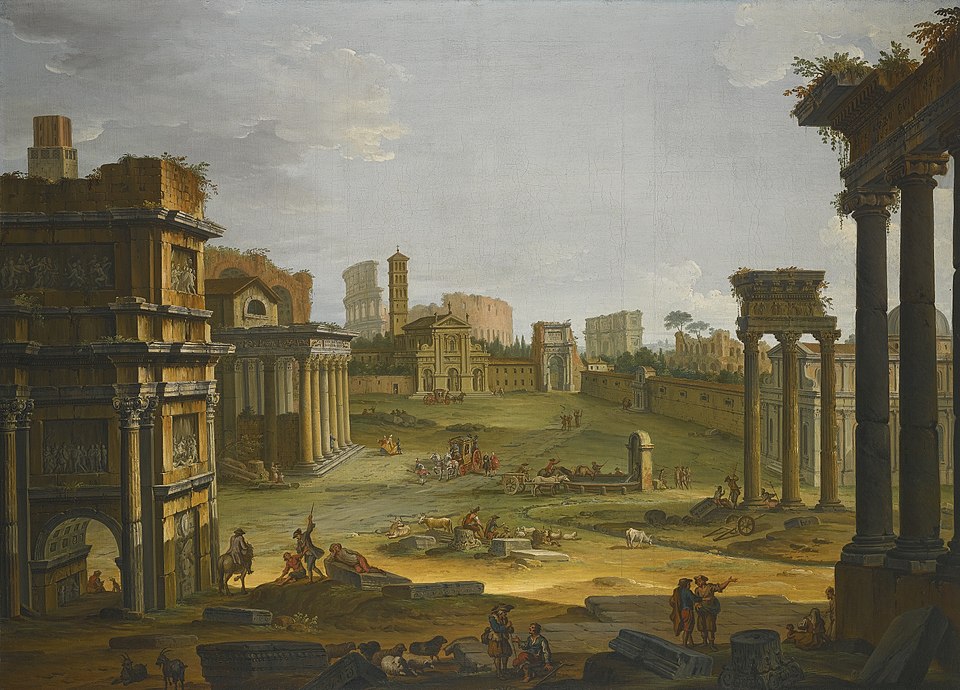 the image is a painting of a landscape featuring the ruins of ancient rome. several iconic roman structures are visible, including the coliseum, temples with columns, arches, and other architectural fragments. the scene depicts a landscape with grassy areas, scattered ruins, and various people and figures engaging in everyday activities. there are also cattle and other animals present. the overall style is classical, and the painting is attributed to giovanni paolo panini.