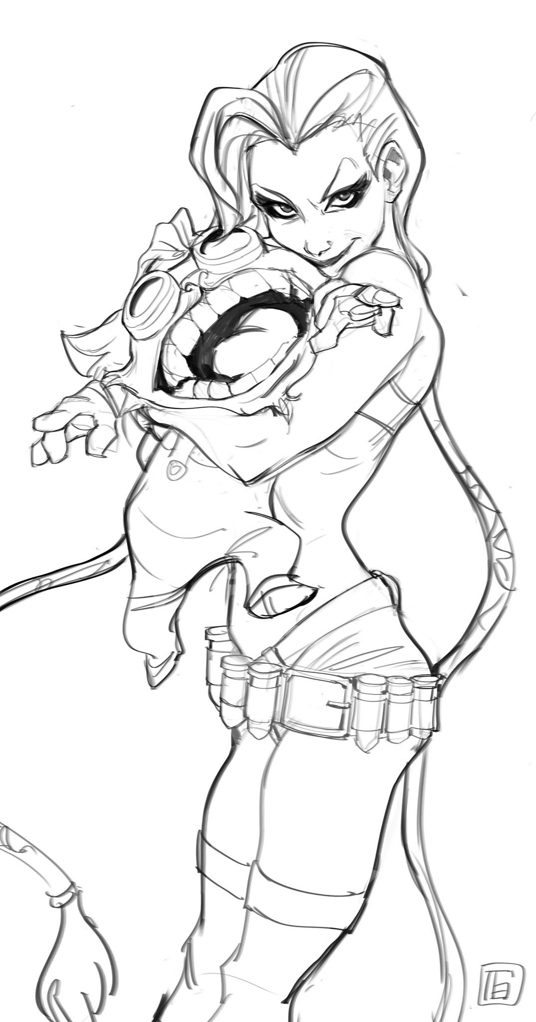 a line drawing of a woman playfully hugging a creature. the woman has long hair, and is wearing a costume with a belt of bullets. the creature has goggles and is smiling. the style is whimsical and energetic.
