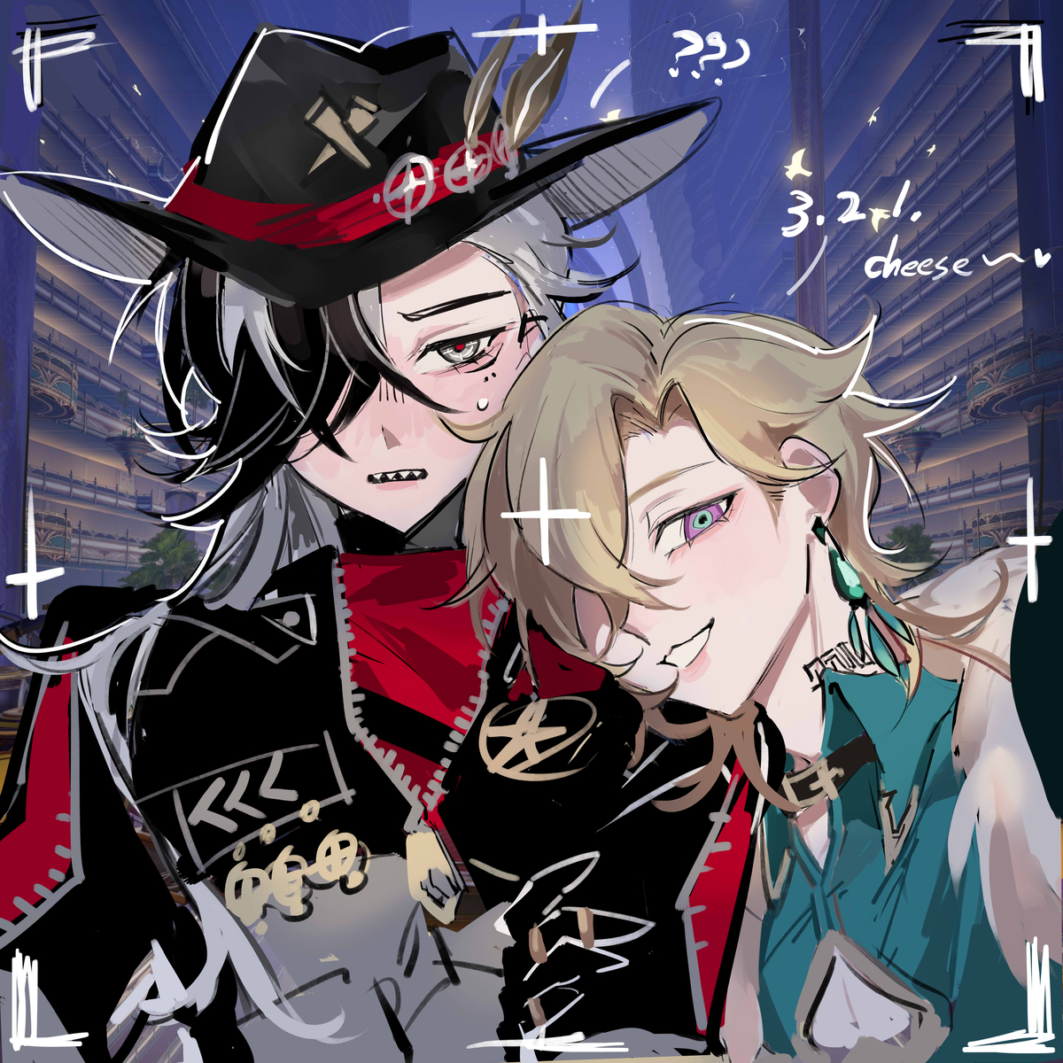 the image is a digital illustration of two anime boys. the boy on the left is wearing a black leather jacket with red accents, a black hat with red accents, and a red scarf. the boy on the right is wearing a white shirt with a green and blue pattern, and a blue jacket. they are both smiling and looking at the viewer. the background is a cityscape at night. the image is likely a fan art for a popular anime couple.