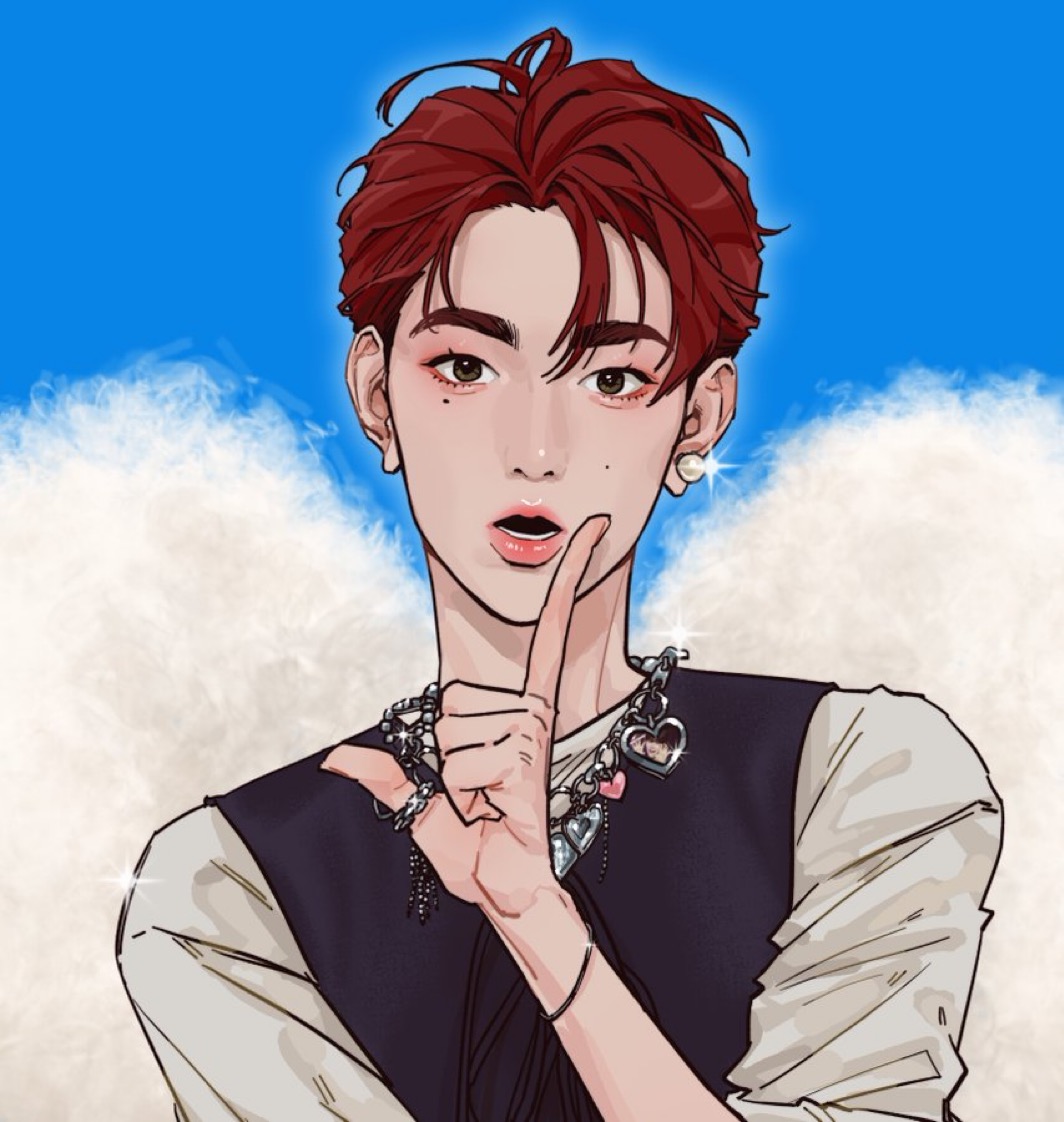 a digital illustration of a young man with stylish red hair styled in a halfup bun. he's wearing a trendy outfit with a vest and multiple necklaces and rings. he's holding his index finger over his lips in a "shushing" gesture, with a playful and mischievous expression on his face. the background features fluffy white clouds against a vibrant blue sky. the overall aesthetic is inspired by anime and manga art styles.