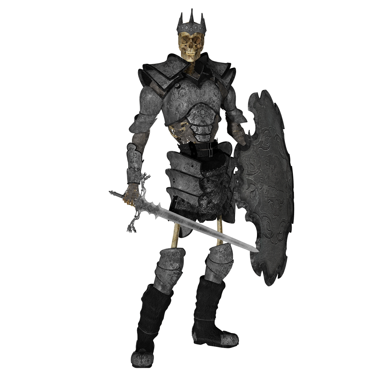 a skeleton warrior stands in the darkness, adorned in ornate armor and a crown. it wields a sword in one hand and carries a shield in the other.
