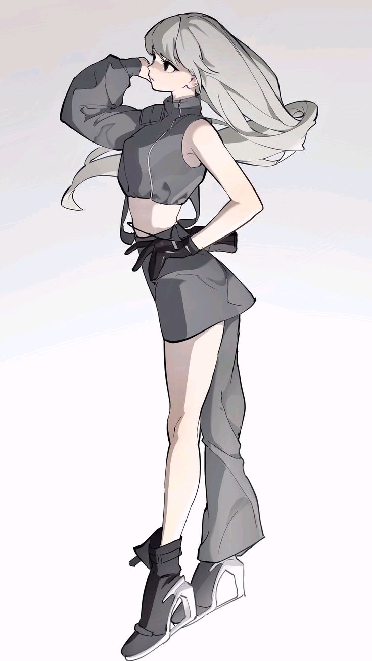 the image showcases a stylized drawing of a young woman with long, flowing white hair. she strikes a pose with her hand shielding her eyes, as if looking into the distance. she wears a futuristicinspired outfit consisting of a black crop top, highwaisted shorts, and baggy pants that taper down to her ankles.  her ensemble is completed with gloves, chunky boots, and a belt. the art style is reminiscent of anime and manga, with exaggerated features and a focus on dynamic lines. the color palette is primarily grayscale, lending a sleek and modern feel.