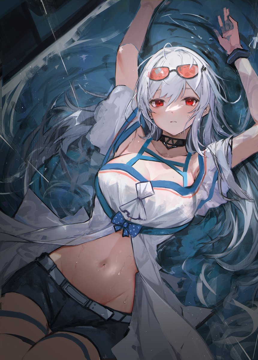 the image is a digital illustration depicting an animestyle young woman with long white hair and red eyes. she is wearing a white and blue swimsuit top with shorts and sunglasses.  she's lying down on a dark, seemingly wet surface, possibly representing rain or a body of water. her expression is relaxed, and some perspiration is visible on her stomach. the overall style is suggestive, leaning towards a sensual aesthetic within the anime genre. the background is dark and blurry, focusing attention on the character. the artwork shows a blend of soft and sharp brushstrokes, creating depth and texture in the image.