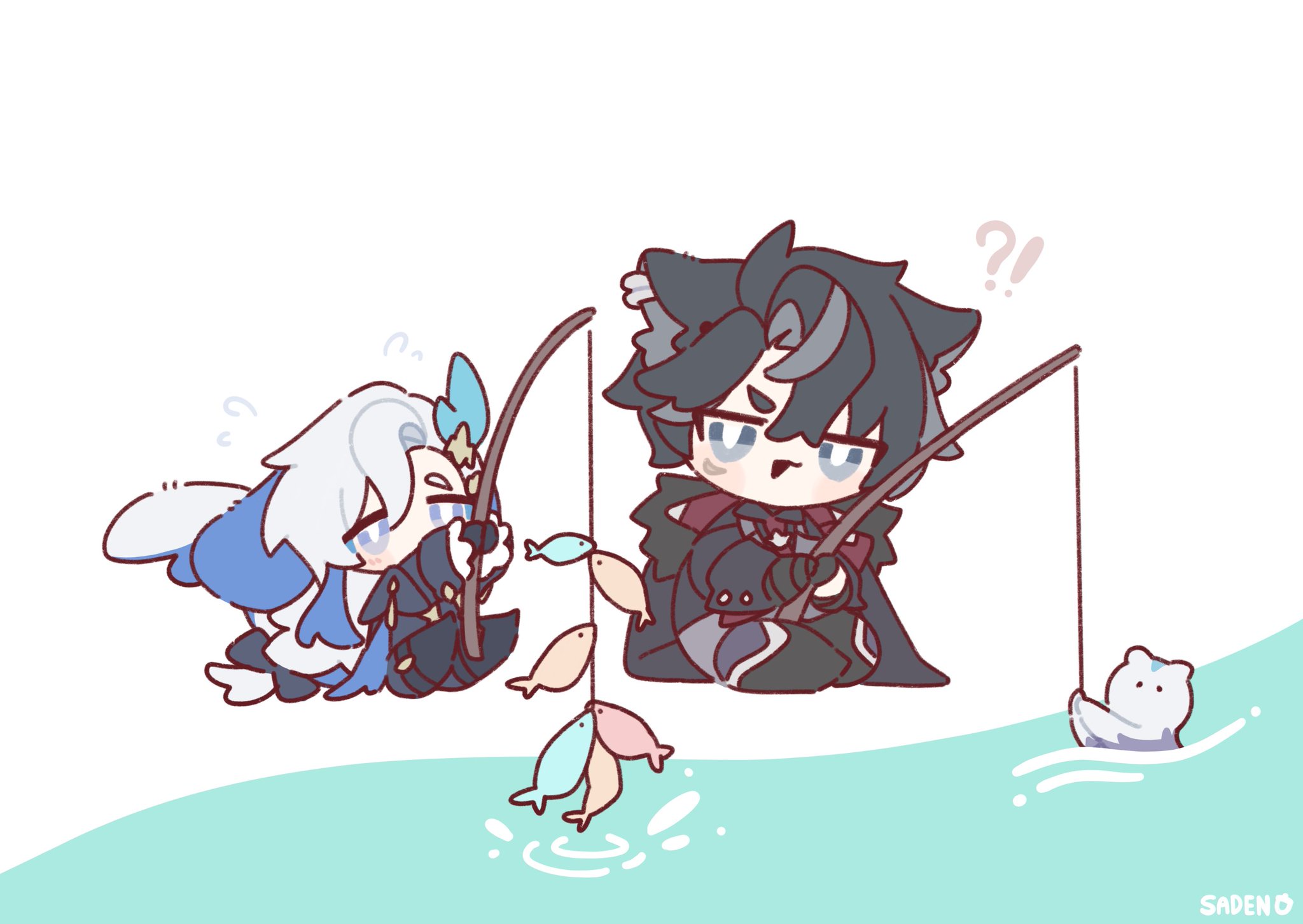 this is a cute chibistyle fanart illustration of two genshin impact characters, albedo and xiao, fishing together. albedo is on the left side, appearing slightly flustered, while xiao is on the right side with a slightly smug expression.  both are holding fishing rods, and several small, colorful fish are on the lines. a small white polar bearlike creature floats in the water. the art style is soft and rounded, with pastel colors and simple linework.  the background is a light teal, suggesting water. the overall mood is lighthearted and playful.  the artist's signature, "sadeno," is subtly placed in the bottom right corner.