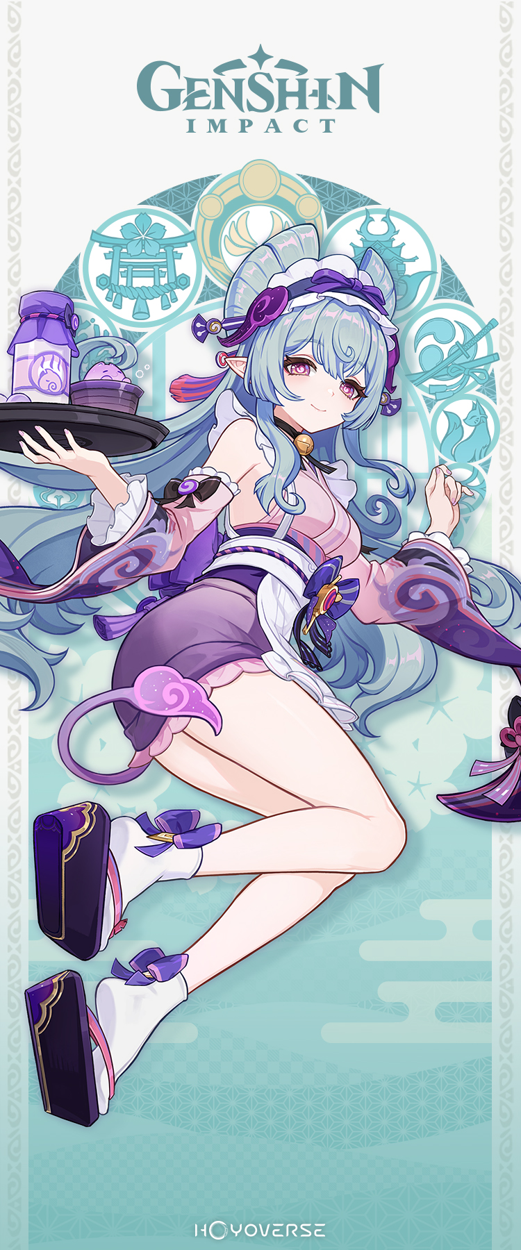 the image features a fullbody shot of furina, a character from genshin impact. she has light blue hair and wears a purple outfit with matching shoes. she is holding a tray with a jar and dessert on it. the background is a light blue pattern with the genshin impact logo and the hoyoverse logo at the bottom.