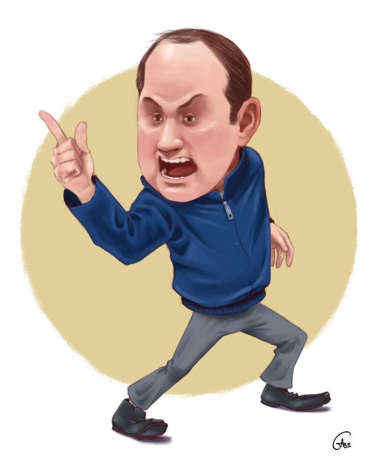 a caricature of an angry man with a large head, bald spot, and open mouth. he is pointing with his right hand and wearing a blue jacket, gray pants, and black shoes. the background is a tan color.