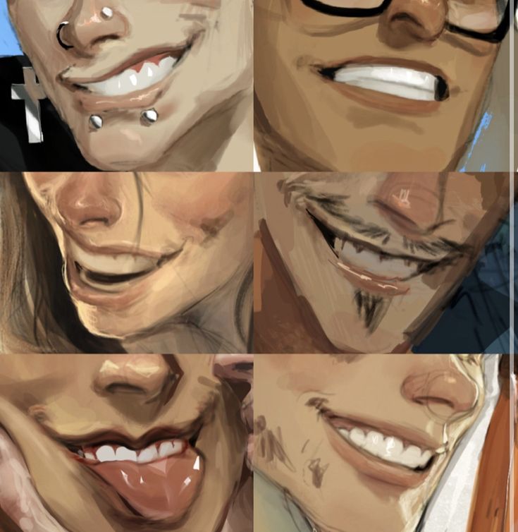 the image is a digital art collage showcasing closeup portraits of various faces, each exhibiting a different smile or expression.  the styles are consistent, suggesting they are from the same artist. the faces are diverse in terms of gender, age, and facial hair (mustache and goatee are featured on some). one face features lip piercings. the overall style is painterly and expressive, focusing on the details and nuances of each mouth and the surrounding facial area. the expressions range from a mischievous smirk to a gentle smile to an openmouthed, playful expression.