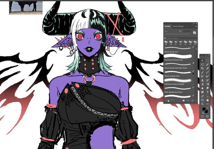 a digital art illustration of an anime demon girl, featuring horns, wings, and black clothing. the artwork is shown in the process of being created, with photoshop brush settings and tools displayed on the screen.