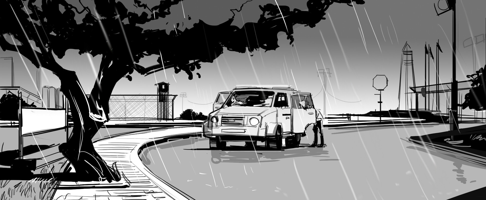 a black and white sketch or storyboard illustration depicts a van driving down a rainsoaked street. the scene is set in an urban environment with buildings, a fence, trees, and street lights. the rain is heavily depicted, creating a gloomy atmosphere. the style is rough and expressive, typical of a storyboard or concept art piece for animation or film. the perspective is from a slightly elevated viewpoint, focusing on the van as it navigates the corner of a street.