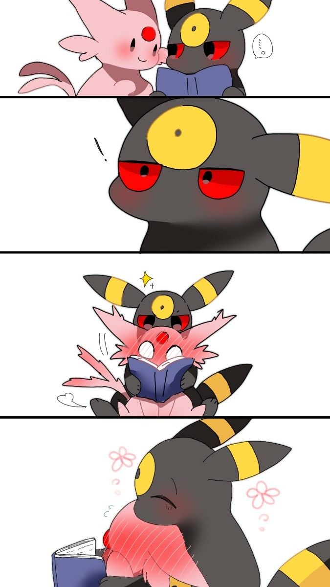 this is a fourpanel comic strip fanart depicting a cute chibistyle umbreon and espeon. in the first panel, they are sitting sidebyside, sharing a book. the second panel shows a closeup of umbreon's blushing face. the third panel shows espeon hugging umbreon while they share a book. finally, the fourth panel is a closeup of umbreon hugging espeon, both blushing. the overall style is soft, with pastel colors and expressive characters.