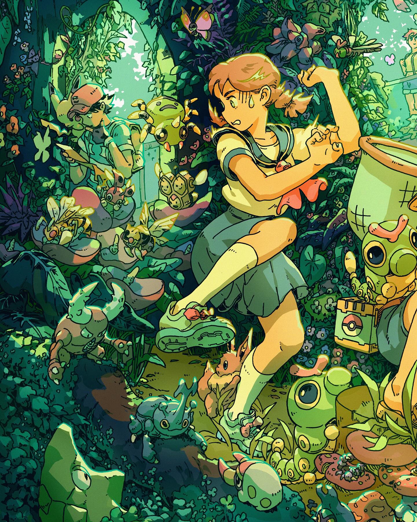 the image is a vibrant and detailed illustration depicting an animestyle girl in a school uniform, seemingly in a whimsical forest setting reminiscent of a pokémon game. she's actively catching or collecting various buglike and other fantastical creatures using a net, with a variety of plants and flowers surrounding her.  other characters, possibly other trainers, are also visible in the background. the overall style is colorful and intricate, with a high level of detail in both the characters and the environment.  the scene has a lighthearted and adventurous feeling, suggestive of a journey or quest.