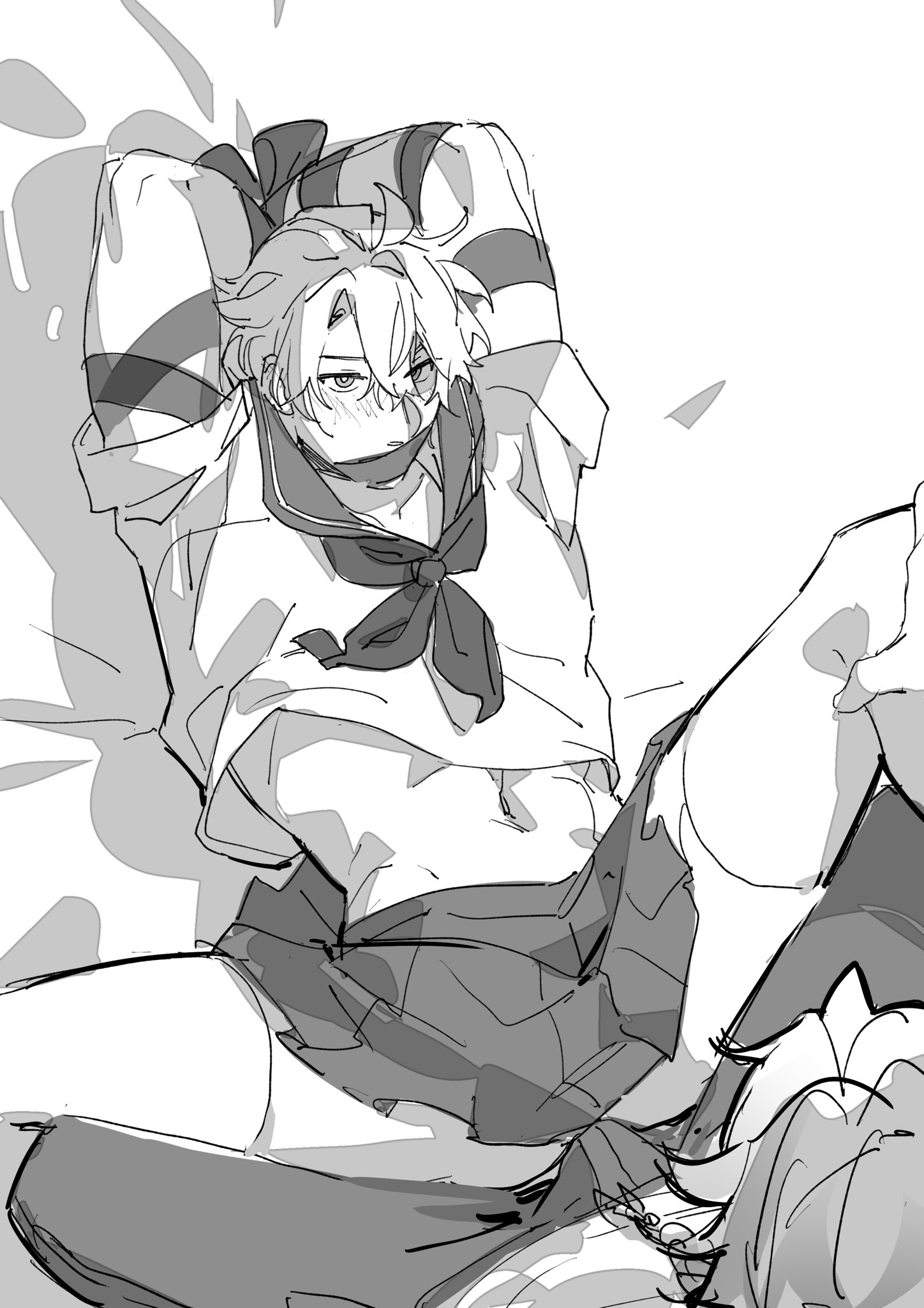 a grayscale mangastyle drawing shows a female character lying on her back. she is wearing a school uniform, which includes a sailorstyle top with a tied bow at the neck and a pleated skirt. her hands are bound above her head. she has a slight blush on her cheeks. the background is plain white.