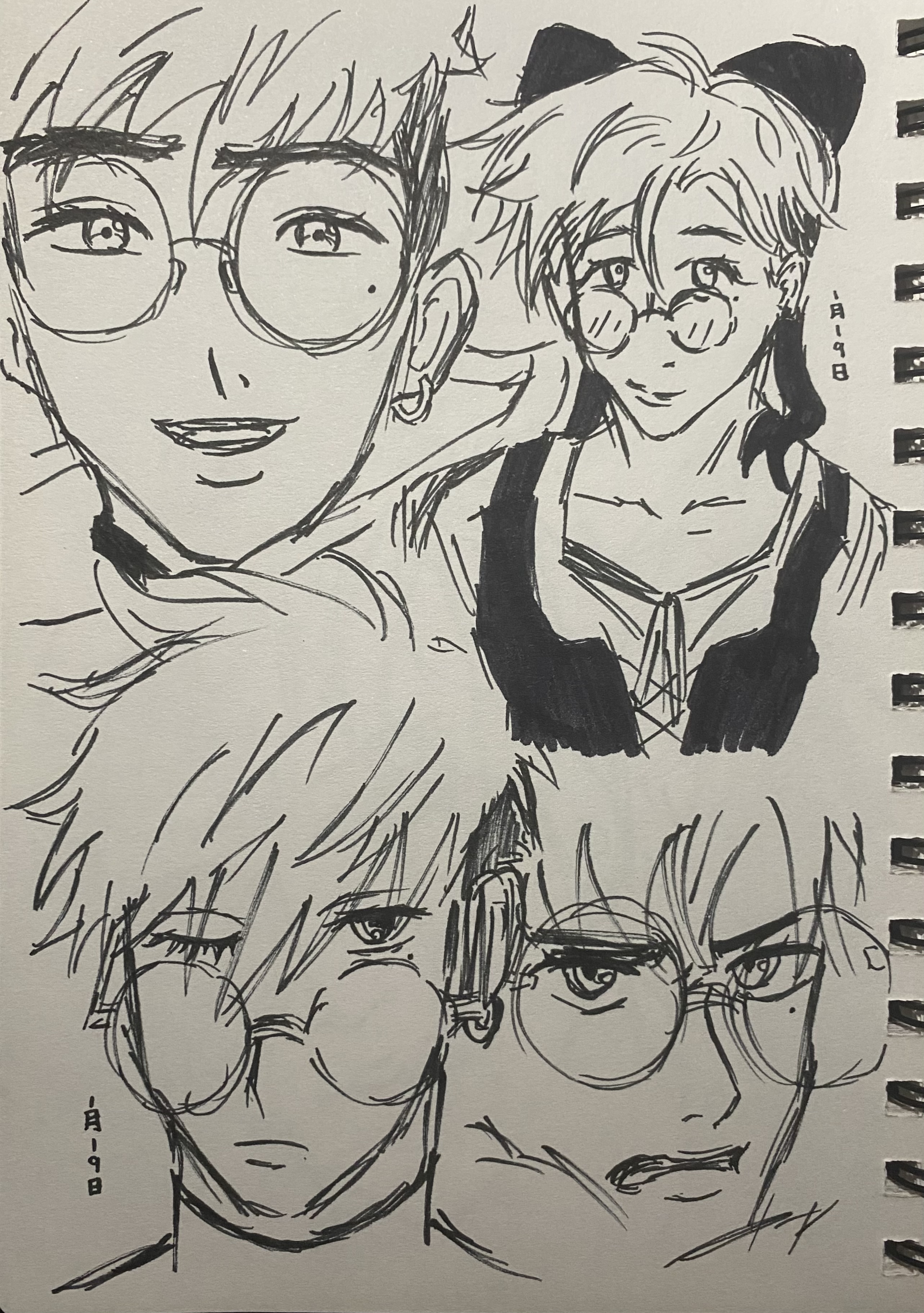 a collection of four animestyle character sketches are drawn in pen and ink on a sketchbook page.  the sketches focus on the faces and upper bodies of the characters.  each character wears glasses and has a slightly different hairstyle and expression.  the style is loose and expressive, with visible pen strokes. the sketches are arranged in a loose grouping, suggesting a sense of spontaneous creation.