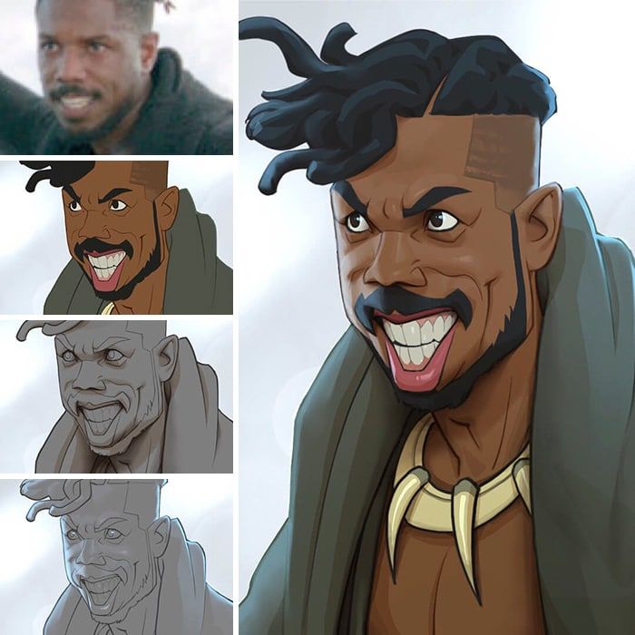 the image shows a progression of steps in the creation of a cartoon portrait of michael b. jordan as his character erik killmonger from the movie black panther. it includes a reference photo, followed by the drawing in various stages: colored and shaded, gray scale with shading, gray scale with lines, and line art. the final image is a stylized portrait of killmonger grinning with a menacing expression, wearing his signature hairstyle and a necklace of teeth.
