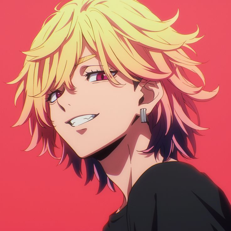 the image is a closeup stylized animestyle portrait of a young man with vibrant, twotoned hair (primarily blonde with streaks of pink/purple).  he has sharp features, intense red eyes, and a confident, almost mischievous smirk. his hair is styled in a somewhat messy, textured fashion. he's wearing simple, dark clothing and small silver earrings. the background is a solid, bright red, contrasting with his light hair and creating a striking visual effect. the overall style is sleek and modern, suggesting a character from a contemporary anime series.