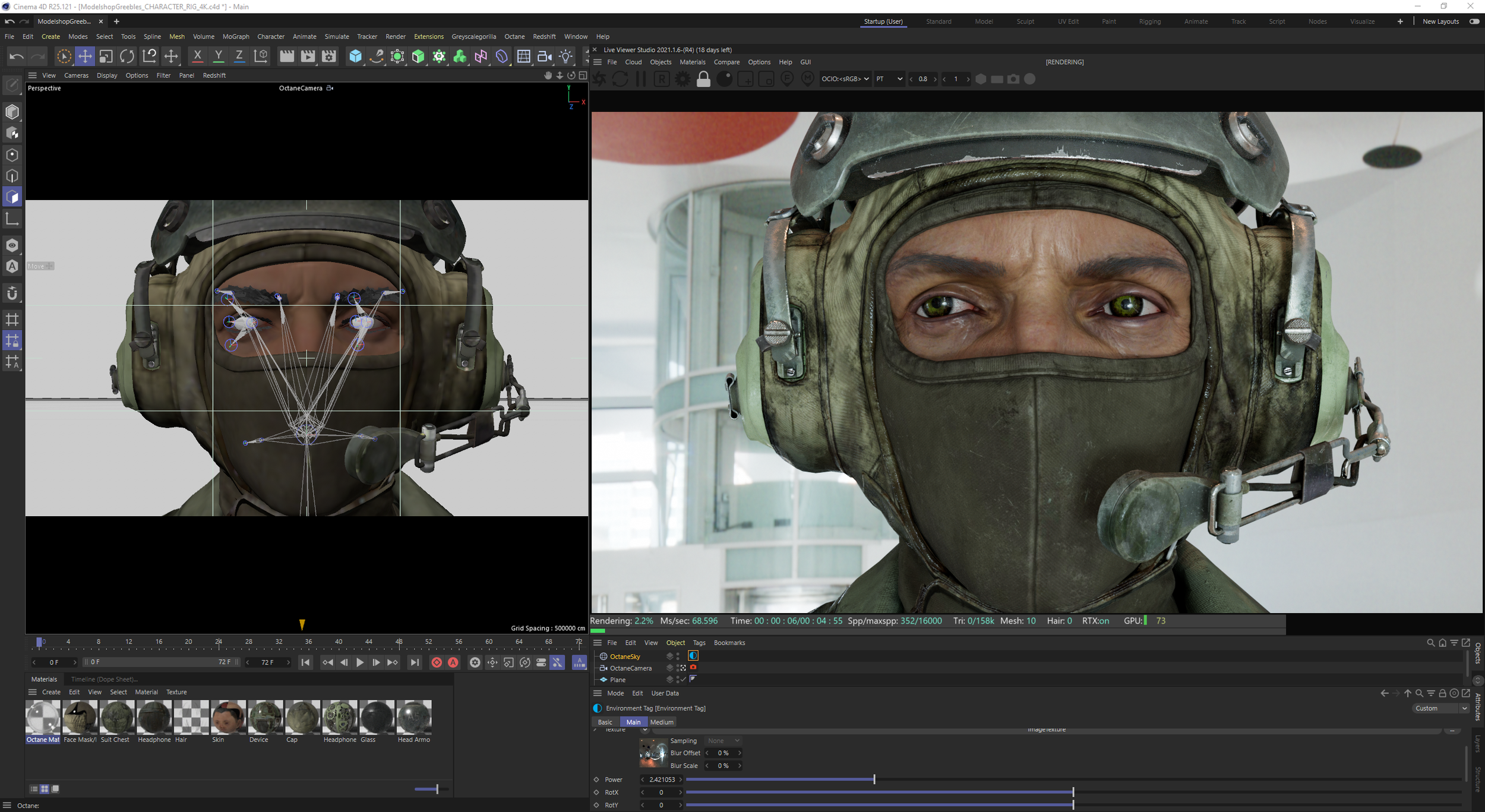 this image shows a splitscreen view of a 3d model of a soldier's head and face in a 3d modeling and animation software. the left side shows the model with a rig for facial animation, while the right side shows a rendered image of the head and face with a background. the image suggests that it is from a 3d modeling pipeline in the game development process.  the software interface displays details about the rendering process, such as rendering time, polygons, and gpu usage.  the software is likely a professional 3d software such as maya, 3ds max, blender, or similar.