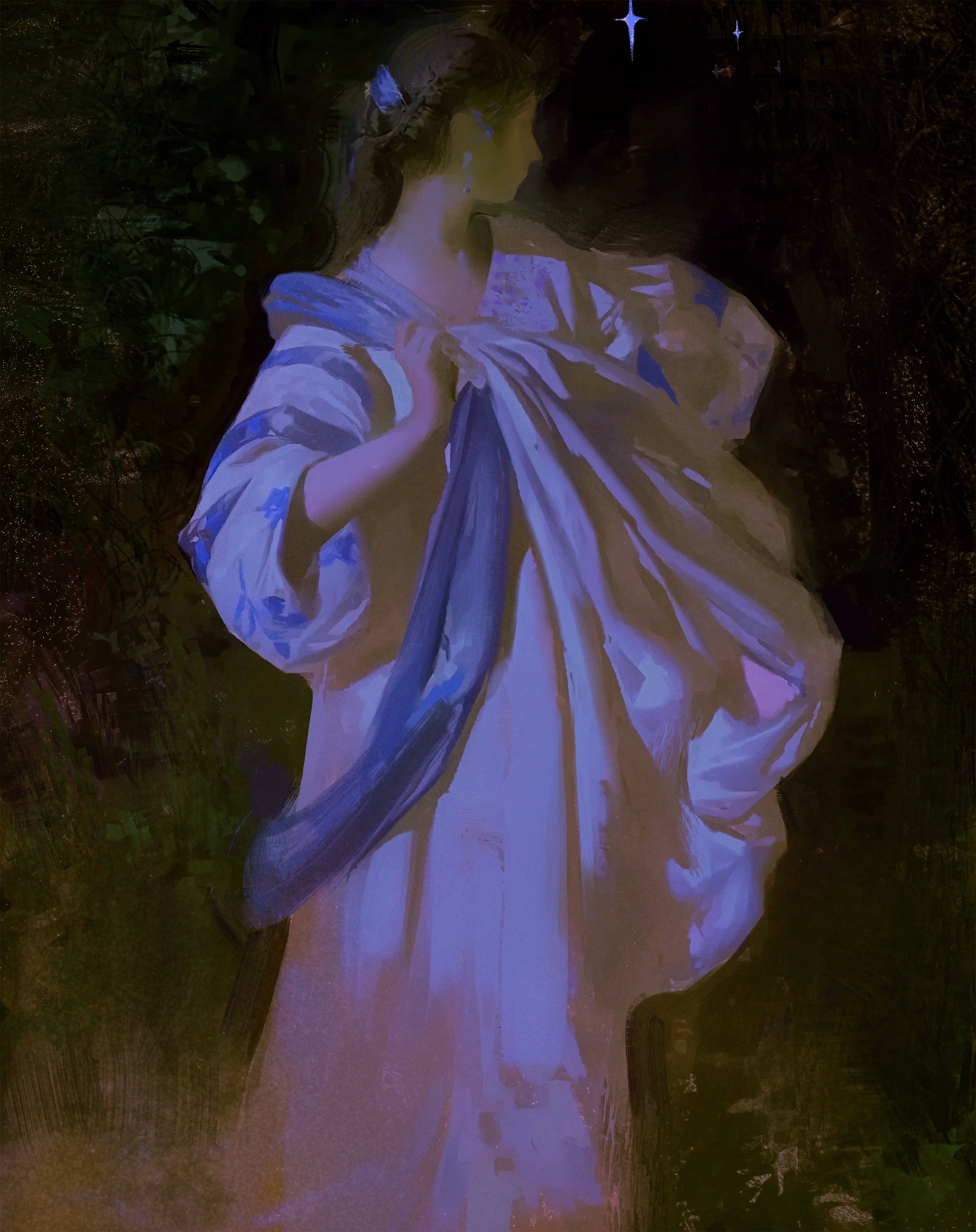 the image is a painting depicting a woman in a long, flowing robe or gown. the style is impressionistic or expressionistic, with loose brushstrokes creating a sense of movement and texture. the colors are predominantly shades of purple, violet, and blue, with darker tones suggesting a night or twilight setting.  the woman's face is partially obscured, adding to the mysterious atmosphere. there are faint, starlike lights visible in the upper portion of the painting. the overall effect is ethereal and dreamlike. the woman's pose and the fabric of her garment suggest a sense of serenity or contemplation.  the background is dark and indistinct, focusing attention on the central figure.