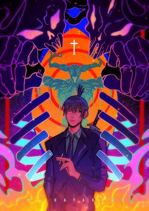 the image is a vibrant and stylized piece of fanart depicting aki hayakawa from chainsaw man. he is centrally positioned, sharply dressed in a dark suit, holding a cigarette, with a sword partially visible behind his back.  the background is a chaotic mix of neon colors, featuring two large, menacing, dark purple demonic figures flanking him, their hands reaching towards a central, circular motif. within this circle is a smaller, treelike figure with outstretched arms, which itself seems to be contained within a larger concentric circular design containing a cross. the overall aesthetic is a blend of cyberpunk and occult themes, with a strong emphasis on visual impact and contrasting colors. the style is distinctly artistic, showcasing a unique and expressive rendering of the character and its environment.  the artist's signature, "aki hayakawa," is subtly placed at the bottom.