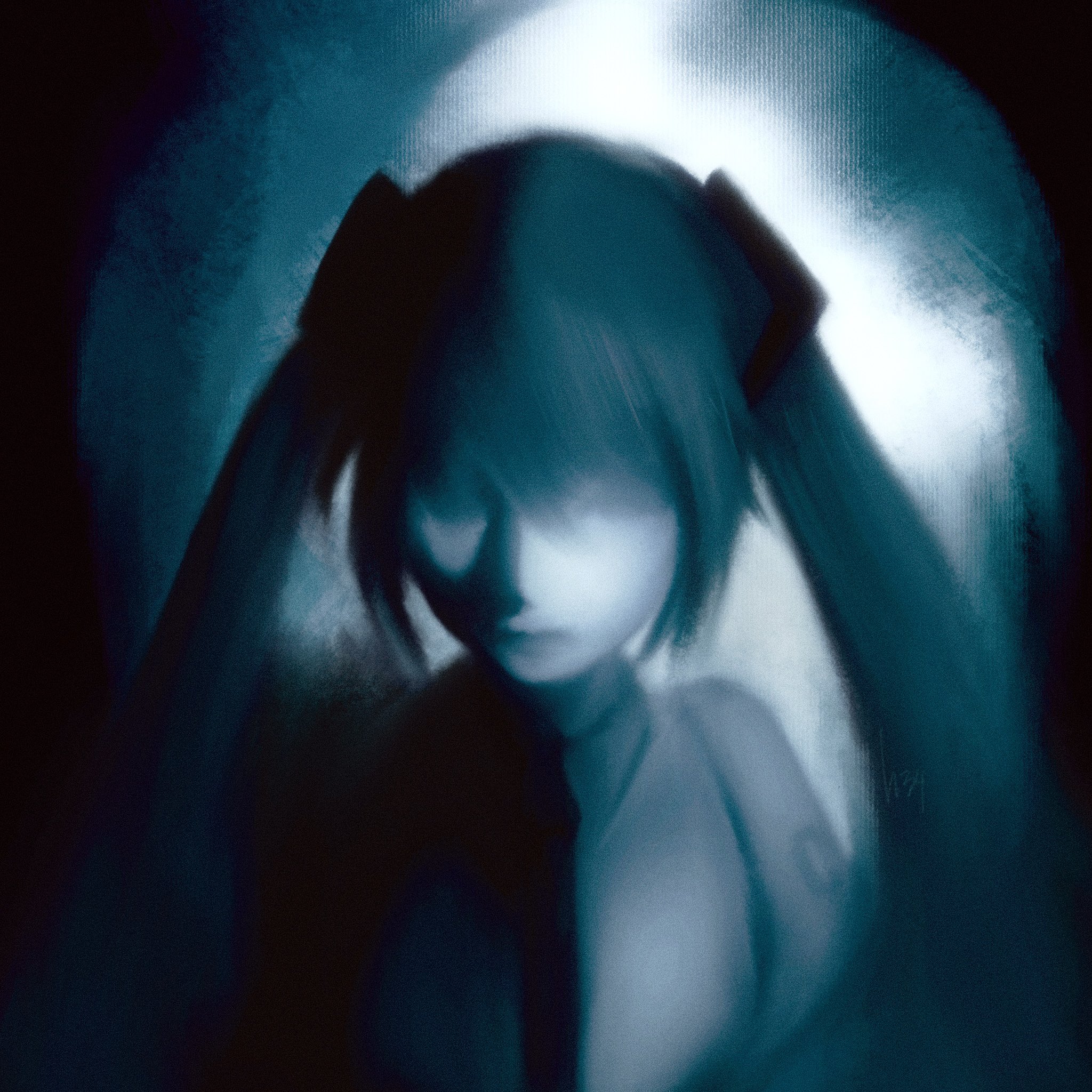 the image features a digital painting of an animestyle girl with long hair partially obscuring her face. she is positioned in the center, facing forward, against a dark background. the lighting is predominantly blue, creating an eerie and mysterious atmosphere. only her silhouette and a few facial features are visible, adding to the overall sense of intrigue.