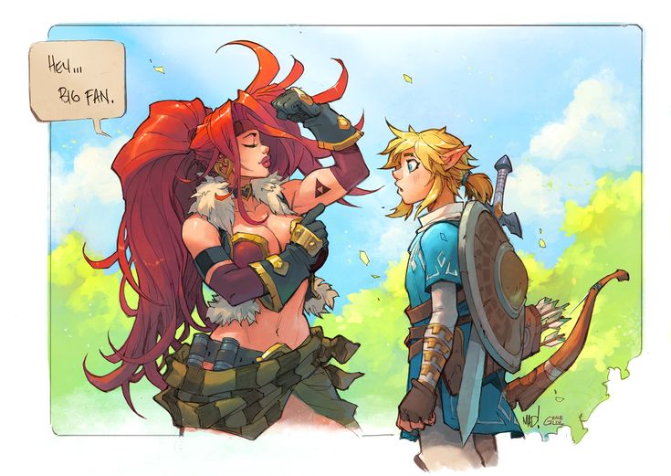 urbosa from the legend of zelda: breath of the wild approaches link and says that she is a big fan. she flexes her muscles. the background is bright and sunny.
