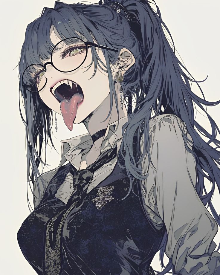 the image is a digital drawing or painting of an animestyle girl. she has long, dark blue hair styled in a high ponytail, round glasses, and is wearing a darkcolored school uniformlike outfit that includes a vest and tie.  her most striking features are her visible fangs and her tongue sticking out playfully. her expression is mischievous and alluring.  the overall style is dark and slightly gothic, with a focus on detailed shading and linework. the background is plain, drawing attention to the character.