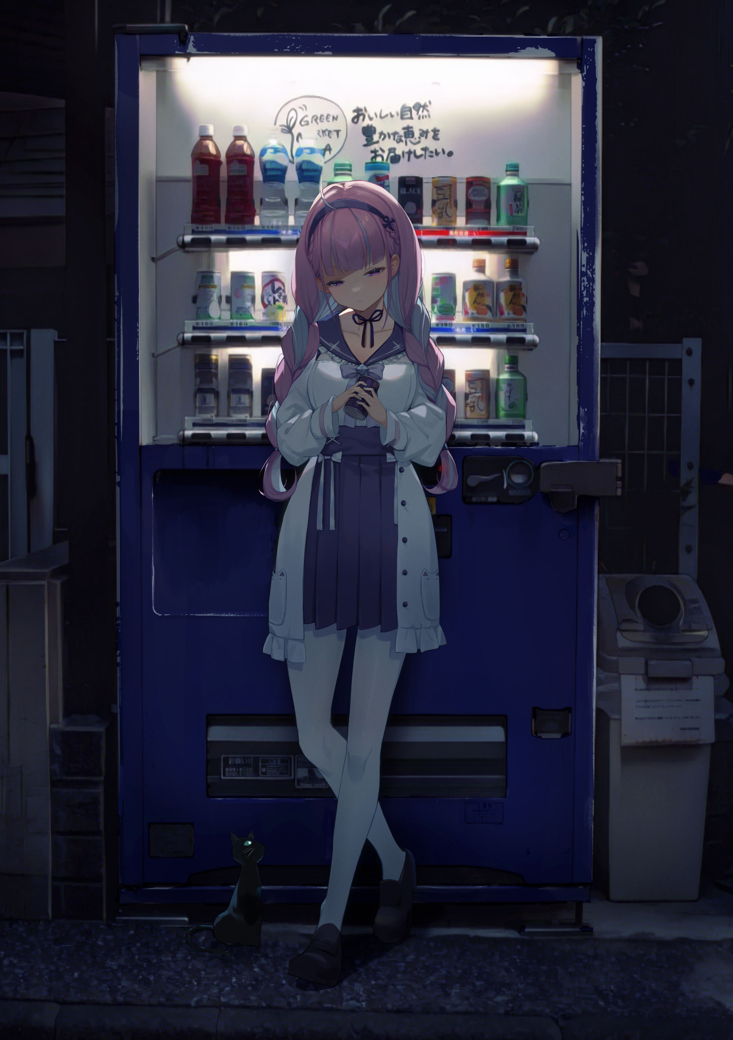 the image depicts an anime girl with long purple hair standing in front of a vending machine at night. she is wearing a white cardigan, a purple dress, and white stockings. a small black cat is sitting at her feet. the vending machine is blue and is filled with various drinks and snacks. the setting appears to be a dark, urban street in japan. the overall mood is melancholic and lonely. the image is a digital illustration with a focus on detail and atmosphere.