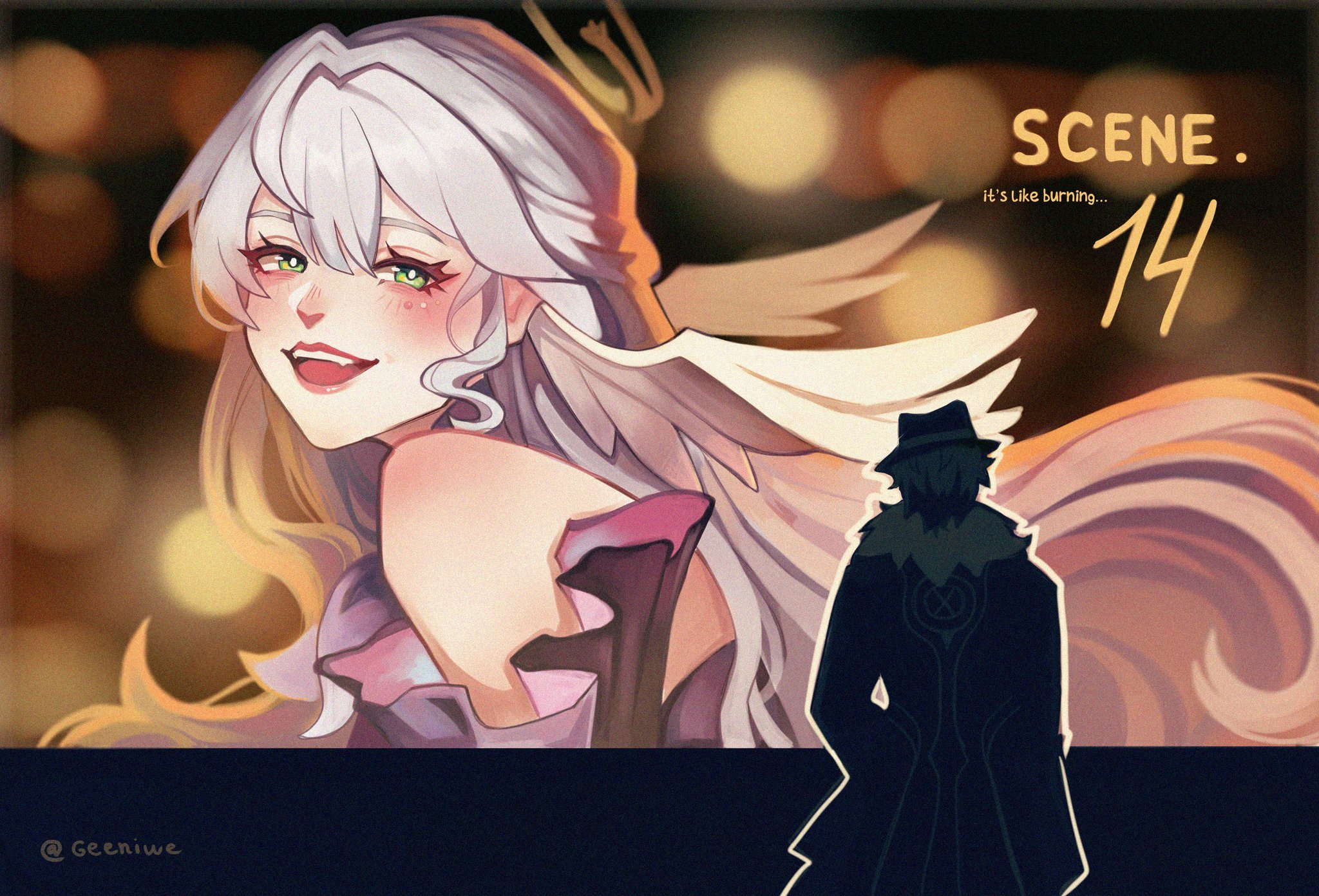 an anime girl with white hair and red eyes is smiling. she is wearing a pink and black dress. a silhouette of a person in a hat and black coat is standing in front of her. the background is blurred and there are lights in the background. the text "scene 14" is written at the top of the image.
