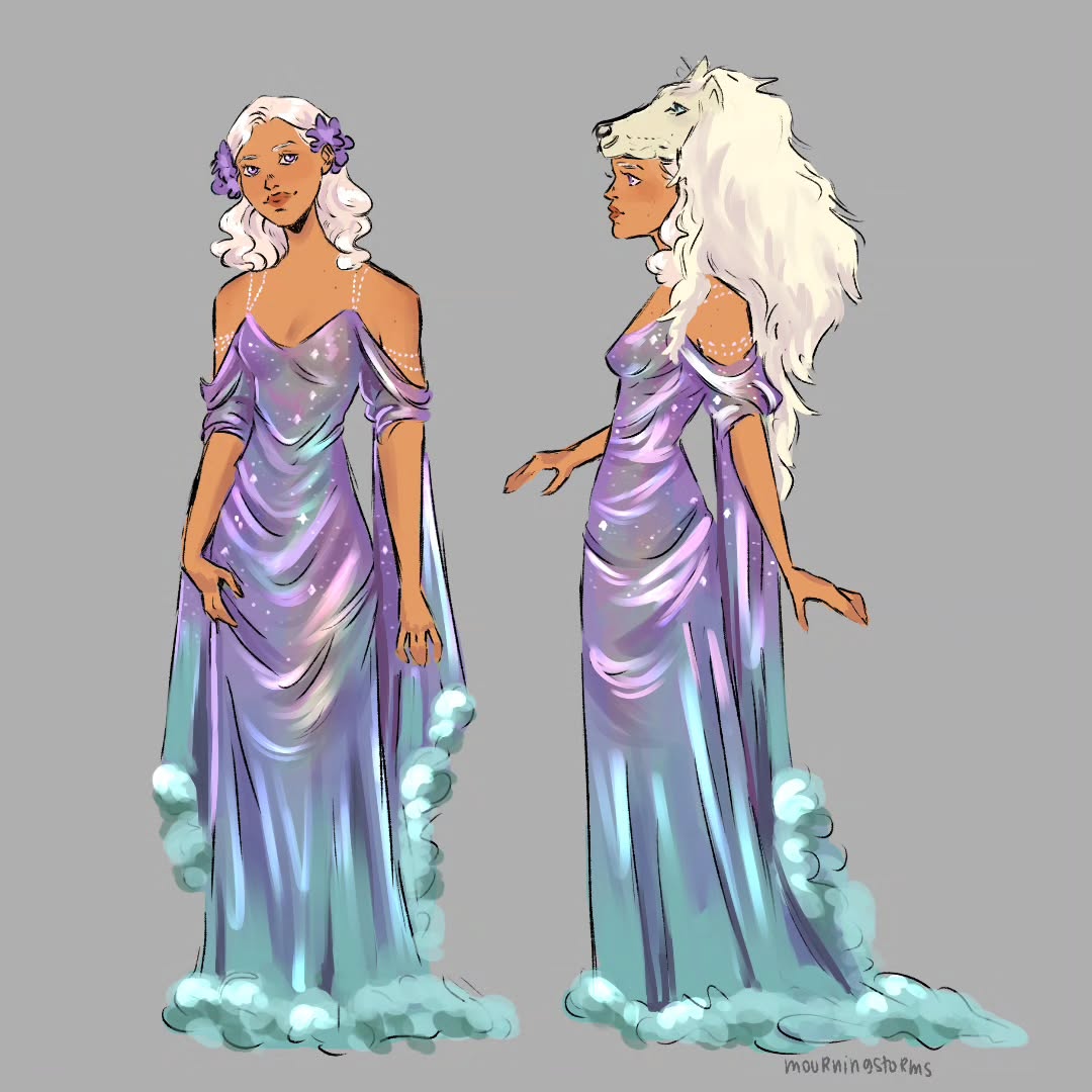 the image showcases a digital painting of a female character in two poses.  the character is depicted wearing a long, flowing gown with a galaxylike pattern in shades of purple, blue, and teal. the dress appears to be made of a shimmering, ethereal fabric and has a cloudlike hem.  in one pose, she is facing forward, while in the second pose, she is in profile.  she has long, white hair and wears small purple flowers in her hair.  in one of the poses, she is wearing a white wolf headpiece or mask that covers the top of her head. the overall style is fantasybased and evokes a magical or whimsical feel. the art is likely concept art for a character in a fantasy setting.