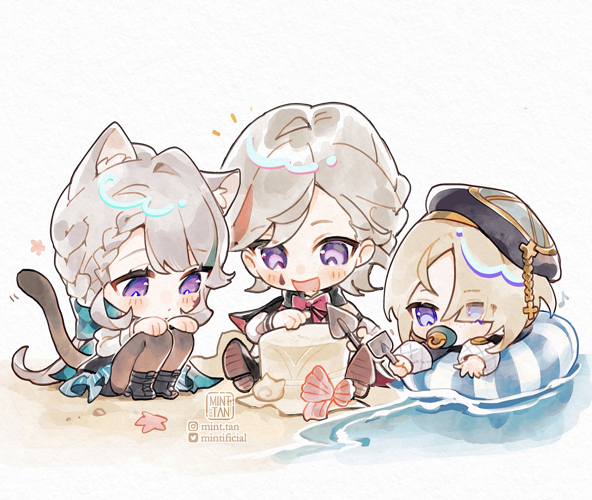 this is a digital painting of three anime characters playing on a beach. the characters are all chibistyle, meaning they are small and cute. the characters are a boy with cat ears, a boy with a black and gold hat, and a girl with a white dress. they are playing in the sand and having fun. the overall feel of the picture is sweet and lighthearted. the artist has used soft colors and a watercolor style to create a whimsical and charming image.