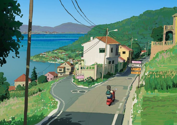 a bright and colorful illustration of a person riding a scooter down a winding road in a coastal village. the scene overlooks the sea and mountains in the distance. the buildings are painted in a warm palette of colors, and lush greenery surrounds the village. the overall atmosphere is peaceful and inviting.
