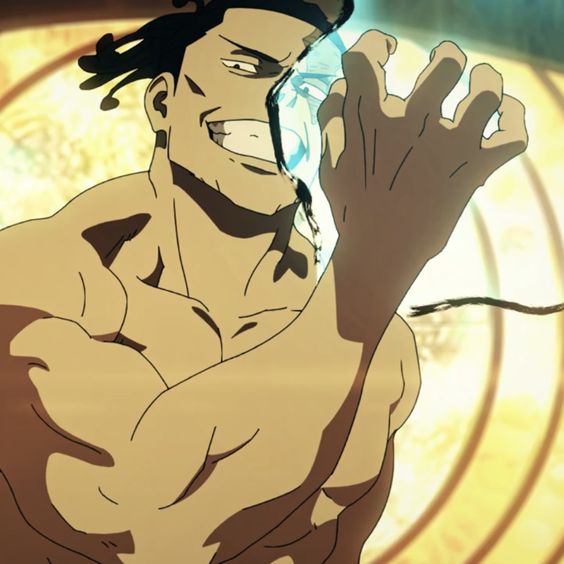 the image showcases a muscular, barechested man with dreadlocks. he is caught midaction, his intense gaze directed at something offscreen. the most striking feature is a vibrant blue energy or effect partially obscuring his face. the background suggests an indoor setting, possibly with asianinspired architectural elements. the lighting is dramatic, highlighting the character's physique and the energy emanating from him.