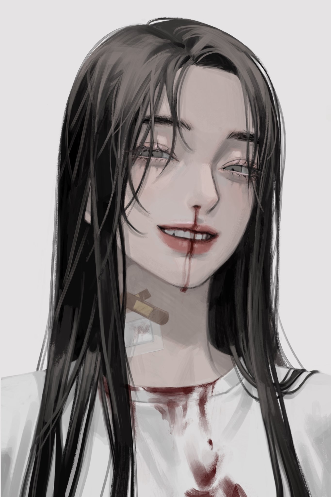 he image is a digital painting or illustration of an animestyle girl. she has long, straight black hair that frames her pale face. she has a slightly melancholic expression, and there is blood on her nose and upper body, suggesting she has suffered some kind of injury. a small bandage is visible on her neck. she's wearing a simple white shirt. the overall style is dark and slightly gloomy, creating a mysterious and aesthetic atmosphere. the image is highquality and detailed, with a focus on the girl's expression and the bloodstains.
