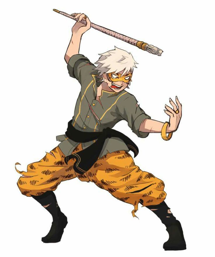 this is an anime illustration of a young male character in a fighting pose. he has white hair, and is wearing a green shirt with a yellow mask, brown pants and a yellow belt. he is holding a stick in his right hand and he is looking toward his left. his facial expression is of concentration. the character is drawn in a dynamic action pose, with his body twisted and his arms and legs extended. the background is plain white. the image is drawn in a clean and detailed style, and it has a dynamic and energetic feel.