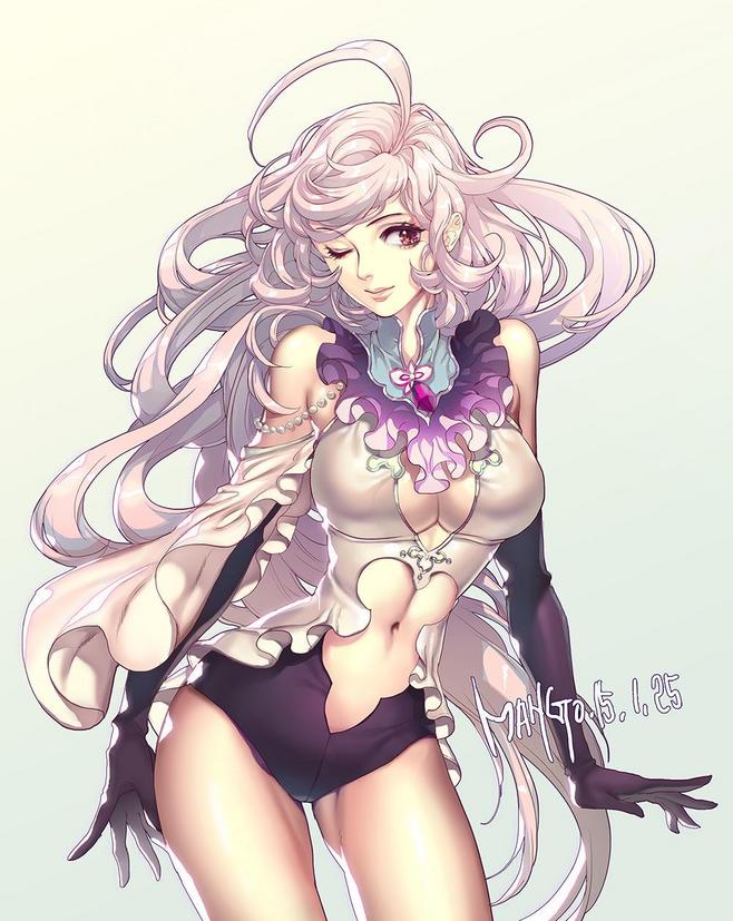 this digital artwork shows a cute, animestyle woman with long white and pink hair. she is wearing a revealing white dress and black gloves. she is smiling and winking at the viewer. the background is white. the artwork has the artist's signature on the bottom right.