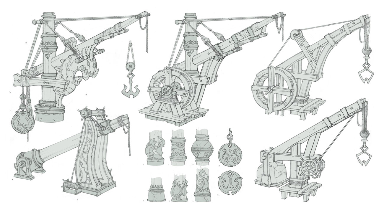 this is a detailed line drawing sketch of a ship's crane or hoist.  there are multiple views of the same crane, focusing on the different components like the winch, pulley, hook, and the base of the crane itself.  there is also a closeup view of various decorative details that could be added to the design of the crane's base. the design is in a medieval, fantasy style.