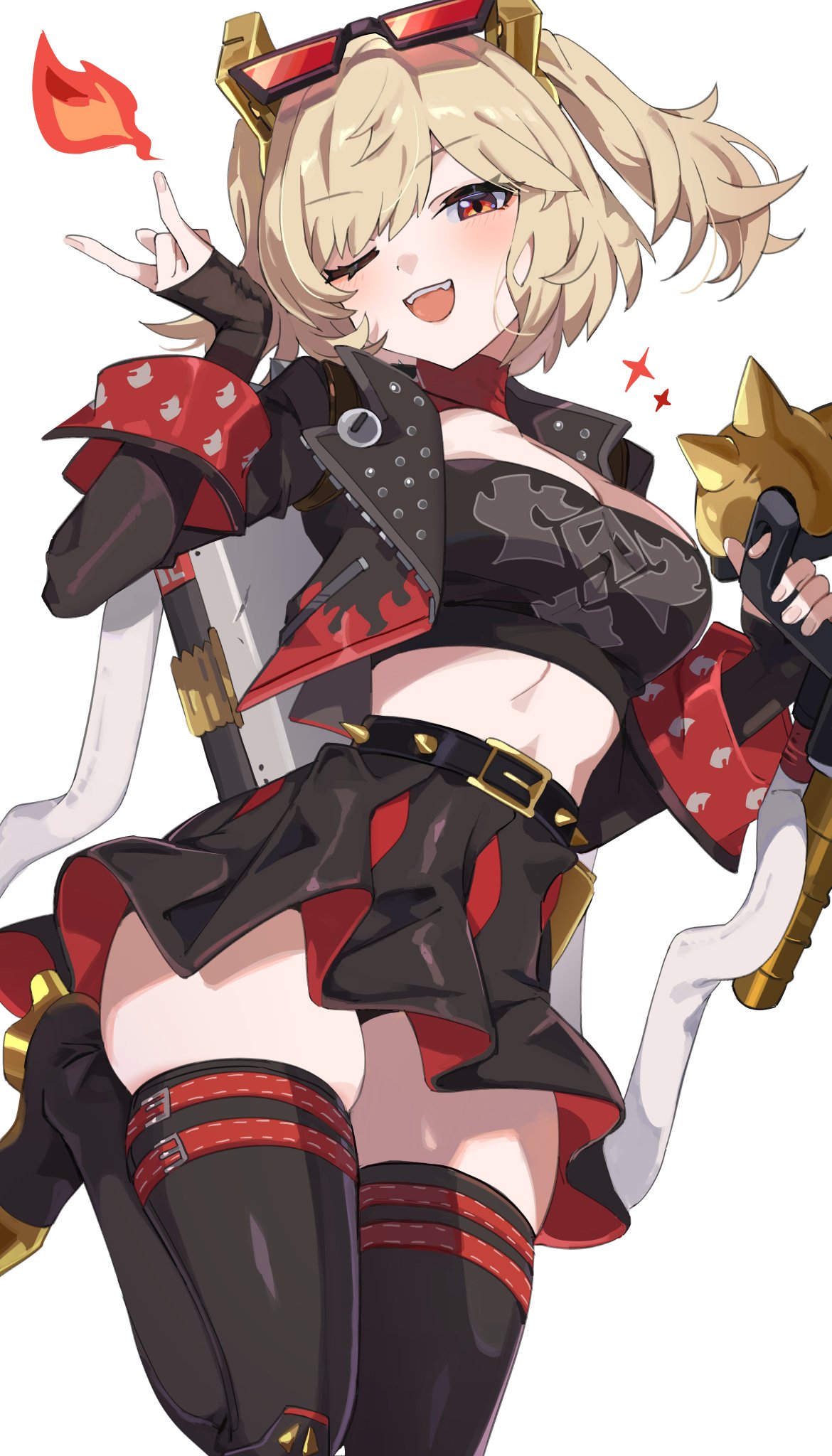an anime girl with blonde hair and red eyes, she's wearing a red and black outfit,  she's winking and smiling, she's holding a gun, she's looking at the camera. the image is digital art, likely from a video game.  the character appears to be hu tao from genshin impact.