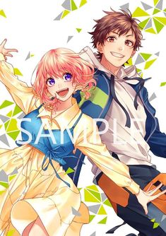 a vibrant illustration featuring a cheerful young couple. the girl, with lively pink hair and captivating purple eyes, takes center stage, her infectious smile radiating joy. dressed in a stylish yellow dress with blue accents, she exudes youthful charm. the boy, sporting warm brown hair and a friendly grin, stands behind her, his hand resting gently on her shoulder. his attire, a trendy mix of white, blue, and orange, complements her vibrant energy. the background features an abstract pattern of green and gray triangles, adding a modern touch to the composition. the overall mood is one of happiness, love, and youthful exuberance.