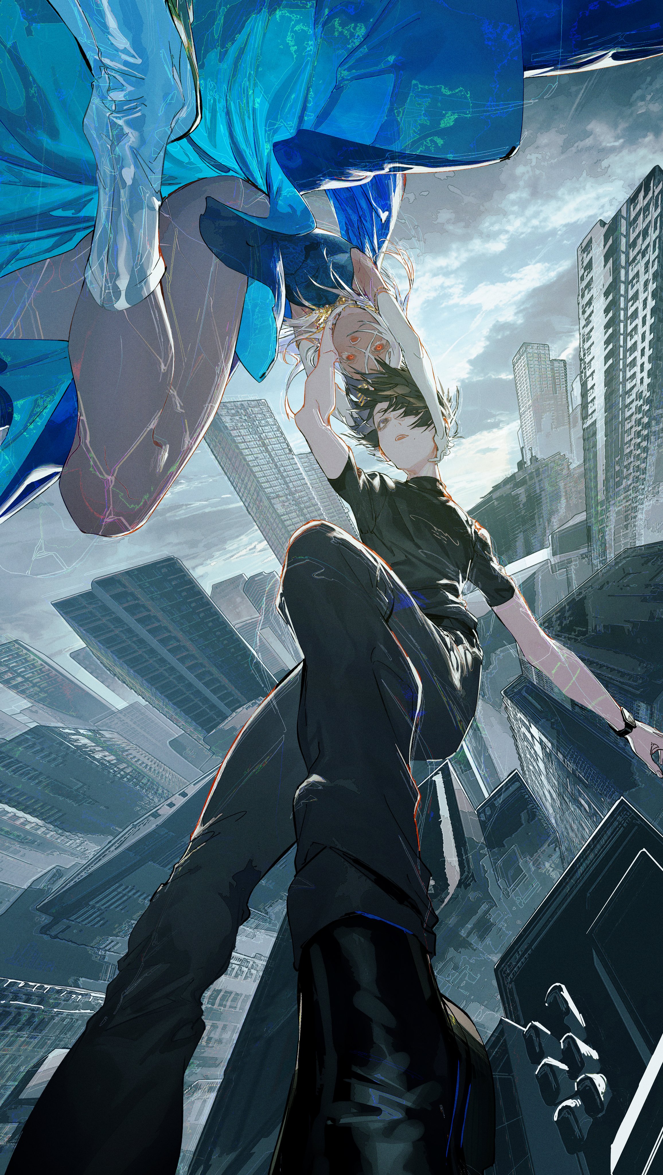 the image is of a futuristic city landscape. a man is standing on a rooftop with his back turned to the viewer. he is wearing black clothing with a hint of blue. a woman in a blue, white and black dress is flying upside down toward him.  the scene is dynamic with a sense of action and drama. the image is drawn in anime style.