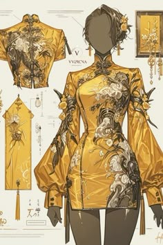a digital illustration of a woman in a traditional chinese dress, with elaborate floral patterns in yellow, black and white colors, her dress is intricately designed and she is looking at the viewer with a confident gaze, the illustration is stylized and captures the beauty of traditional chinese fashion.