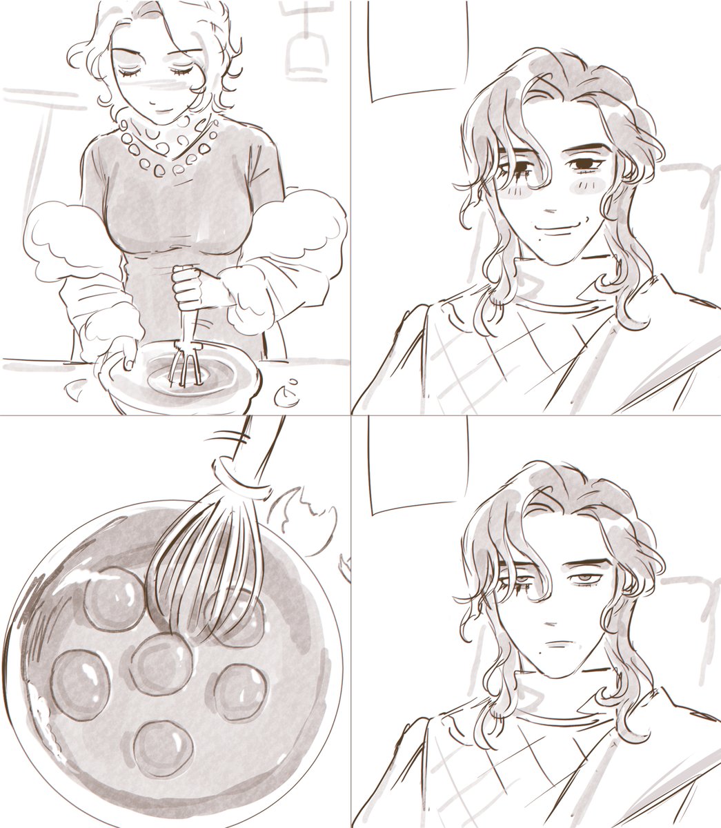 the image is a fourpanel comic featuring a young woman and a young man. in the first panel, the young woman is shown stirring a bowl of chocolate cream. the second panel shows a young man with a neutral expression. in the third panel, the young woman is shown stirring a bowl of chocolate cream, with several pieces of whipped topping. the fourth panel shows the young man with a slightly irritated expression. the young man is shown throughout the comic with a neutral or irritated expression, suggesting he is not enjoying the process of baking. the young woman is shown baking with joy and enthusiasm, suggesting she enjoys the process of baking. the comic could represent a humorous take on gender roles, or could be a commentary on the differences between people who enjoy cooking and those who don't. the art style is in the manga and anime style. the image is drawn in a light and airy style, and the colors are soft and muted, suggesting a whimsical and lighthearted tone.