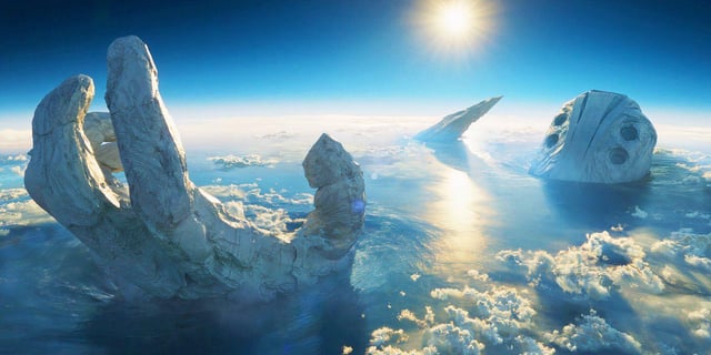 the image features a surreal landscape with a bright sun shining in the blue sky. several large, stonelike structures protrude from the clouds or water below. the most prominent structure is a giant hand emerging from the clouds. other objects in the scene include geometric shapes and monuments, creating a dreamlike, science fiction aesthetic. the scene suggests a celestial or eternal theme, perhaps depicting a divine being or a monumental event. the clouds and water blend together creating a hazy, ethereal atmosphere.