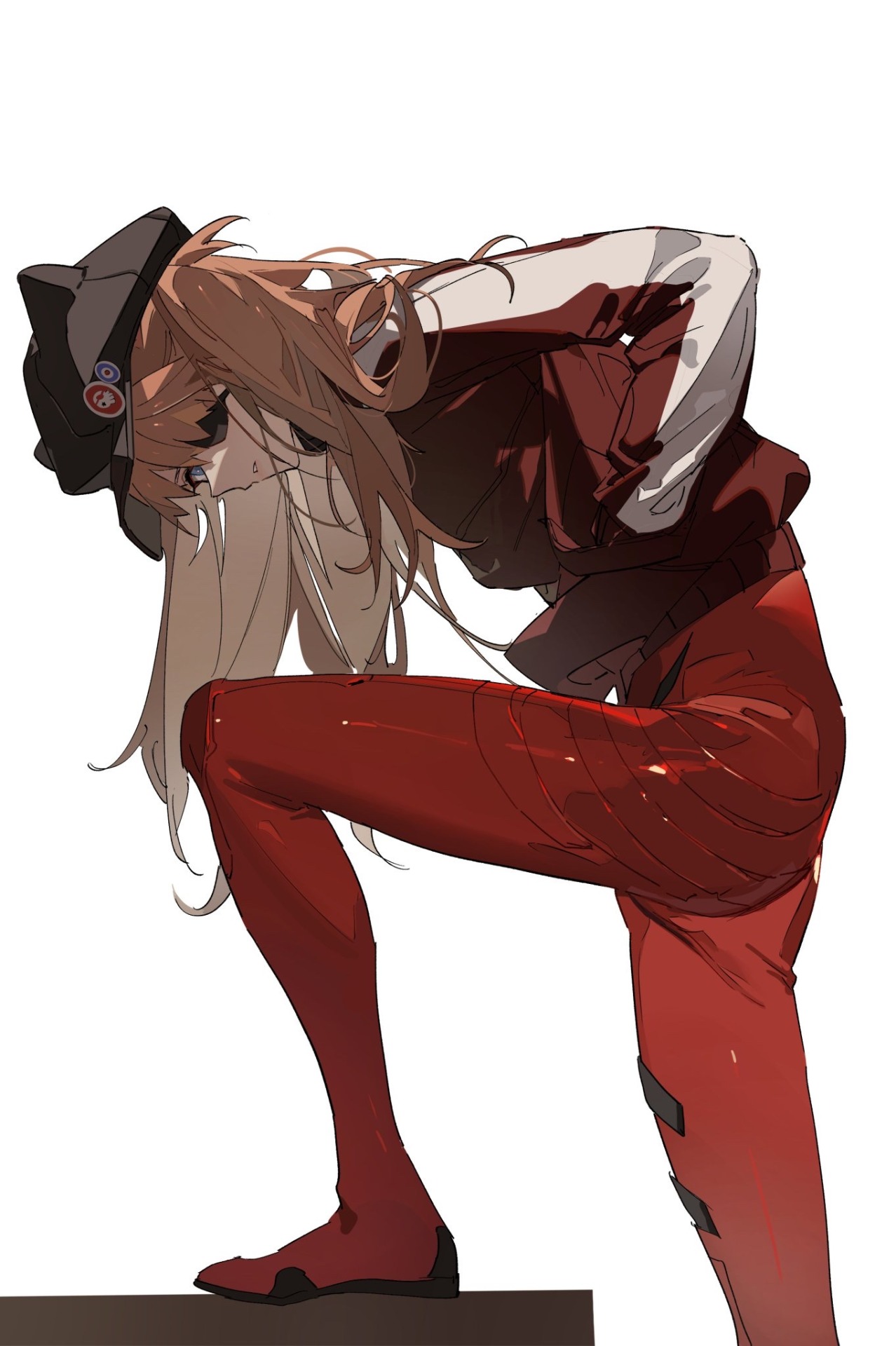 an animestyle image of asuka langley soryu from neon genesis evangelion, depicted in a dynamic pose. she is wearing her signature red jumpsuit and a black hat, and has brown hair. she is shown looking down while standing on a ledge.