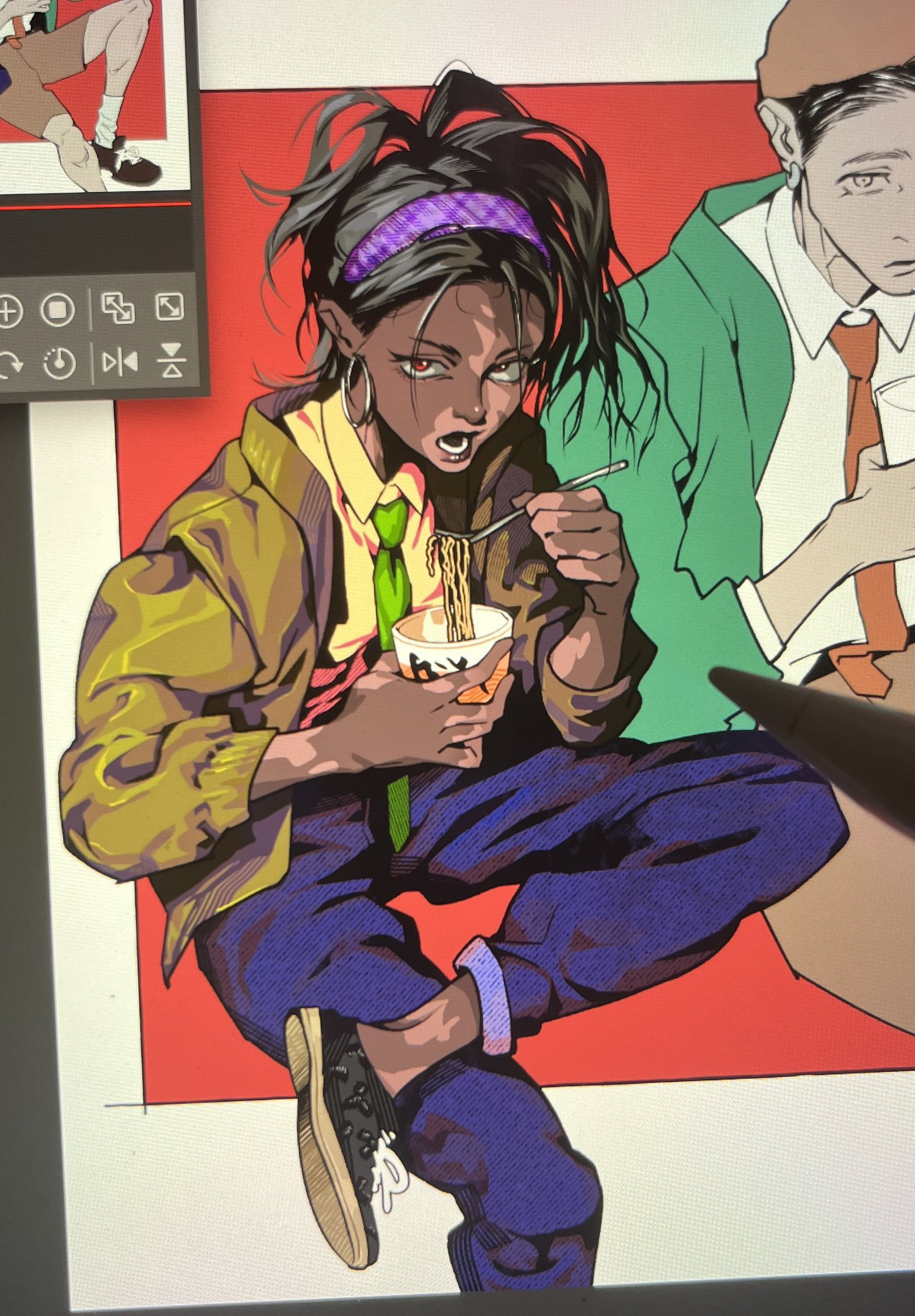 the image depicts a stylized, digital illustration of a young woman and a young man. the woman is seated on the left, dressed in a yellow jacket, blue jeans, and black shoes. she is using chopsticks to eat from a bowl of ramen noodles, her expression is focused on her meal. the man is standing behind her on the right side of the image, he is wearing a green jacket, a white buttondown shirt, and black pants. he is looking at the woman, and his expression appears to be more neutral. both of them are styled in a trendy and colorful fashion that is typical of modern anime art styles.  the background is a solid red color. the artwork is vibrant and visually dynamic.