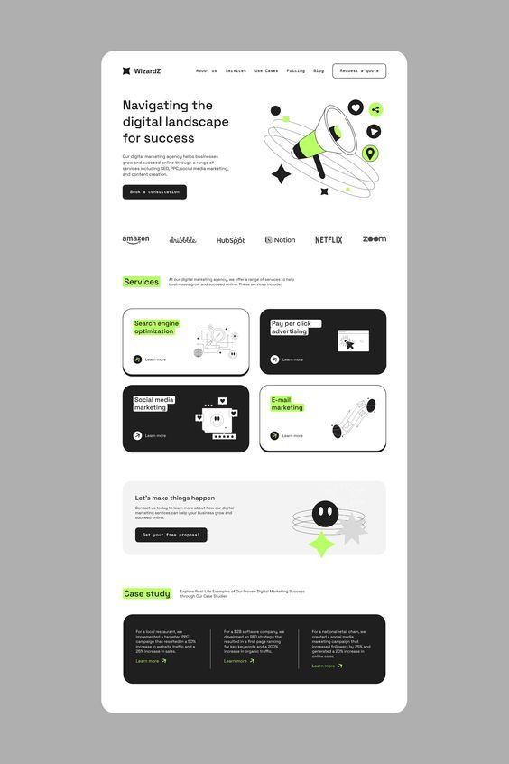 the image showcases a website design for a digital marketing agency. the homepage features a clean and modern aesthetic, with a large headline that reads "navigating the digital landscape for success." the website also highlights the agency's services, which include seo, sem, social media marketing, email marketing, and web design. additionally, it displays a case study section with an example of the agency's successful work. the overall design conveys a sense of professionalism and expertise in the field of digital marketing.